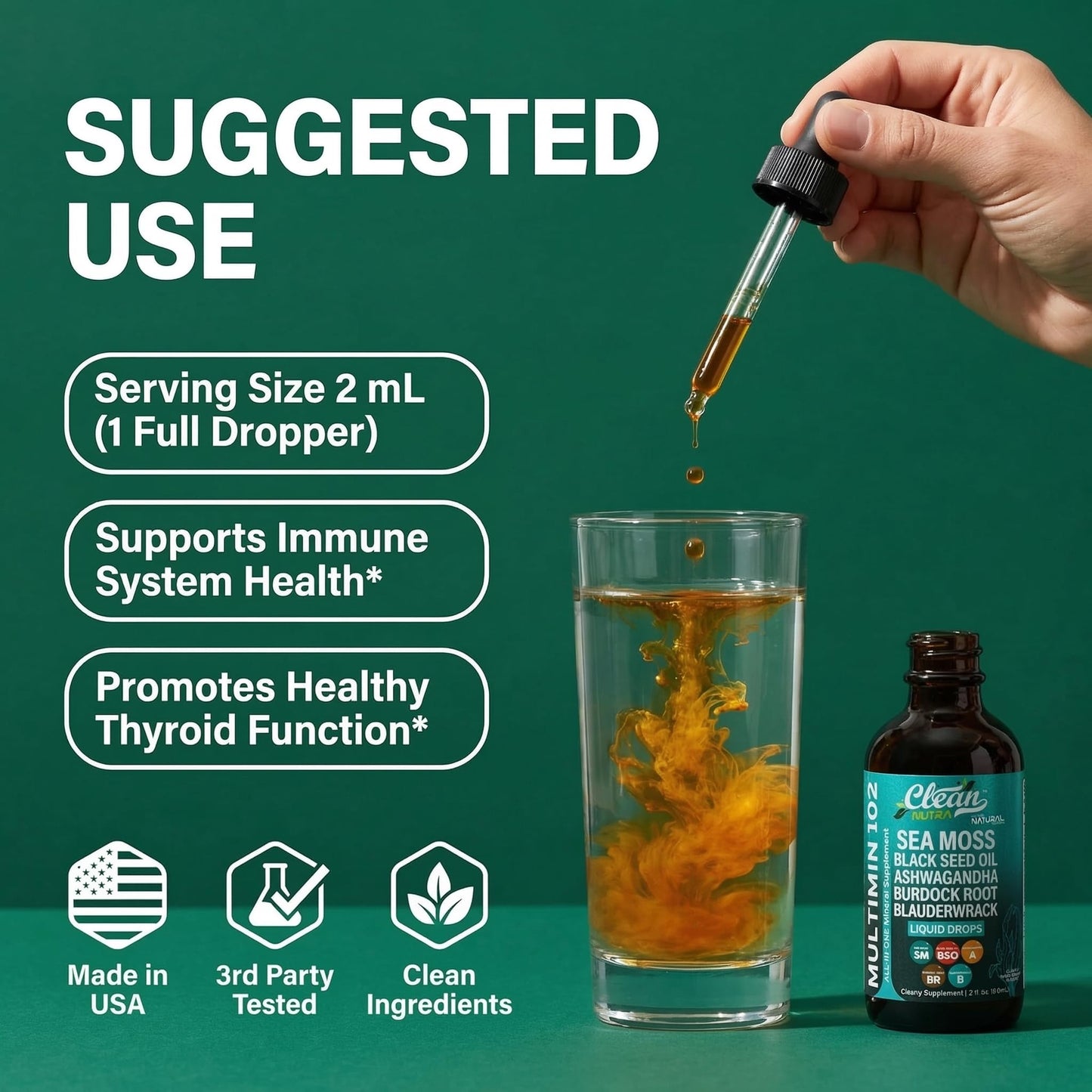 Clean Nutra Organic Sea Moss Drops Supplement | Black Seed Oil Irish Seamoss Ashwagandha Burdock Root & Bladderwrack - Multimineral Liquid Vegan for Gut Heath Energy Skin Immune Support & Hair