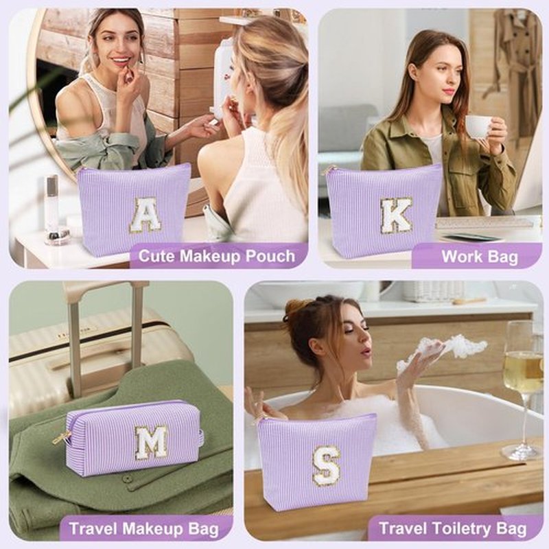YOOLIFE Preppy Stuff Tween Girls Gifts 2 Pieces Monogram Makeup Pouch Makeup Organizer Bag Beauty Bag Personalized Friend Sister Wife Wedding Bride Birthday Gifts for Women Her Preppy Makeup Bag S
