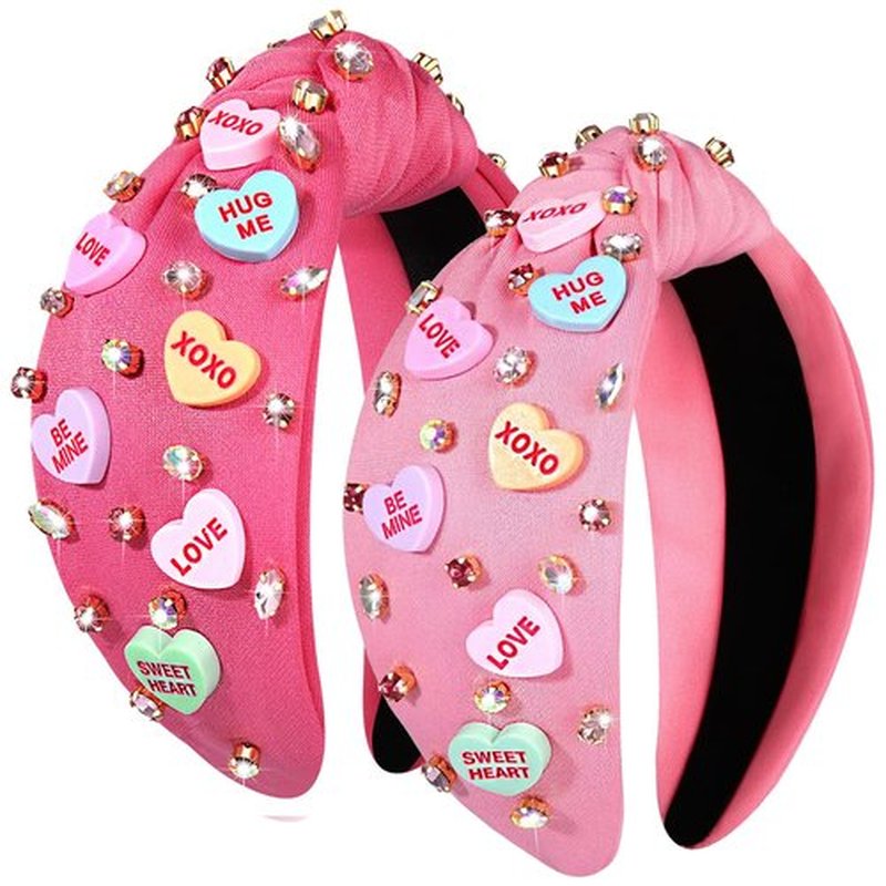 CEALXHENY Hairband, 2PCS Valentine's Day Headbands Accessories for Women Red Pink Beaded Heart Headband Jeweled Rhinestone Crystal Wide Top Knot Headband Valentine's Day Outfits Gifts