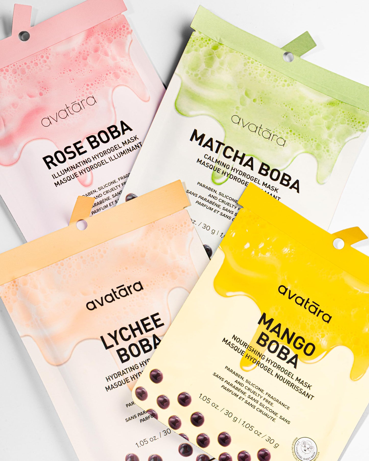 Avatara Boba Goals Hydrogel Sheet Mask Variety 4-Pack - Rose, Matcha, Mango, and Lychee Boba Flavors - Hydrating K-Beauty Face Masks for Tweens and Teens - Vegan, Synthetic Fragrance-Free