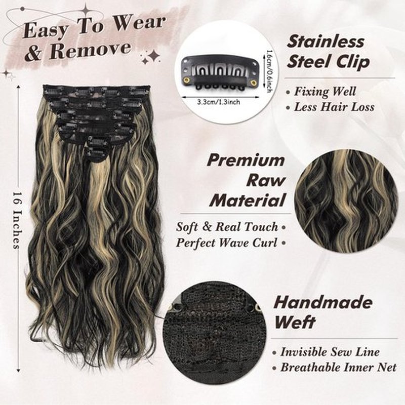 BARSDAR Clip in Hair Extensions - 16 Inch Highlight Wavy Clip in Hair Extensions for Women - 6PCs Thick Soft Synthetic Clip in Hairpieces Daily Party Halloween - Black with Highlights