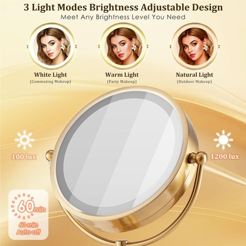 VESAUR 8.5'' Large Gold Lighted Makeup Mirror, 1X/10X Clear Seamless Magnifying Mirror, Bright Vanity Mirror with 3 Colors Dimmable Lights, Two-Sided 360°Rotation Stable Base, Luxury Nickel, Gift Box