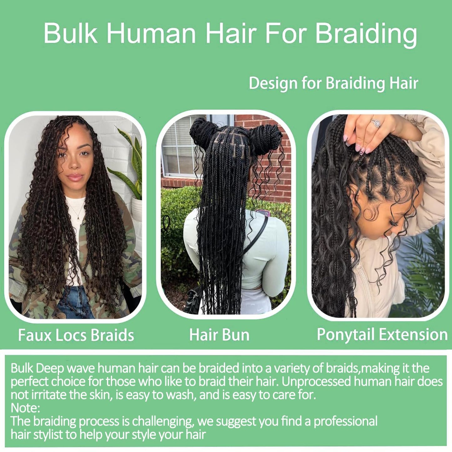 Human Braiding Hair Deep Wave Bulk Human Hair for Braiding No Weft Brazilian Virgin Curly Human Hair Extensions for Boho Braids Wet and Wavy Human Hair Braiding Hair 1 Bundle 50g 14Inch