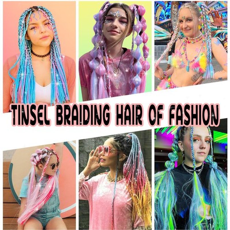 AGO Braiding Hair Pre Stretched Mix Tinsel 28 Inch Ombre Glitter Braiding Hair Sparkle Braids Crochet Hair Extensions Yaki Straight Synthetic Hair for Festival Party(Pack of 6, Green/Blue/Silver)