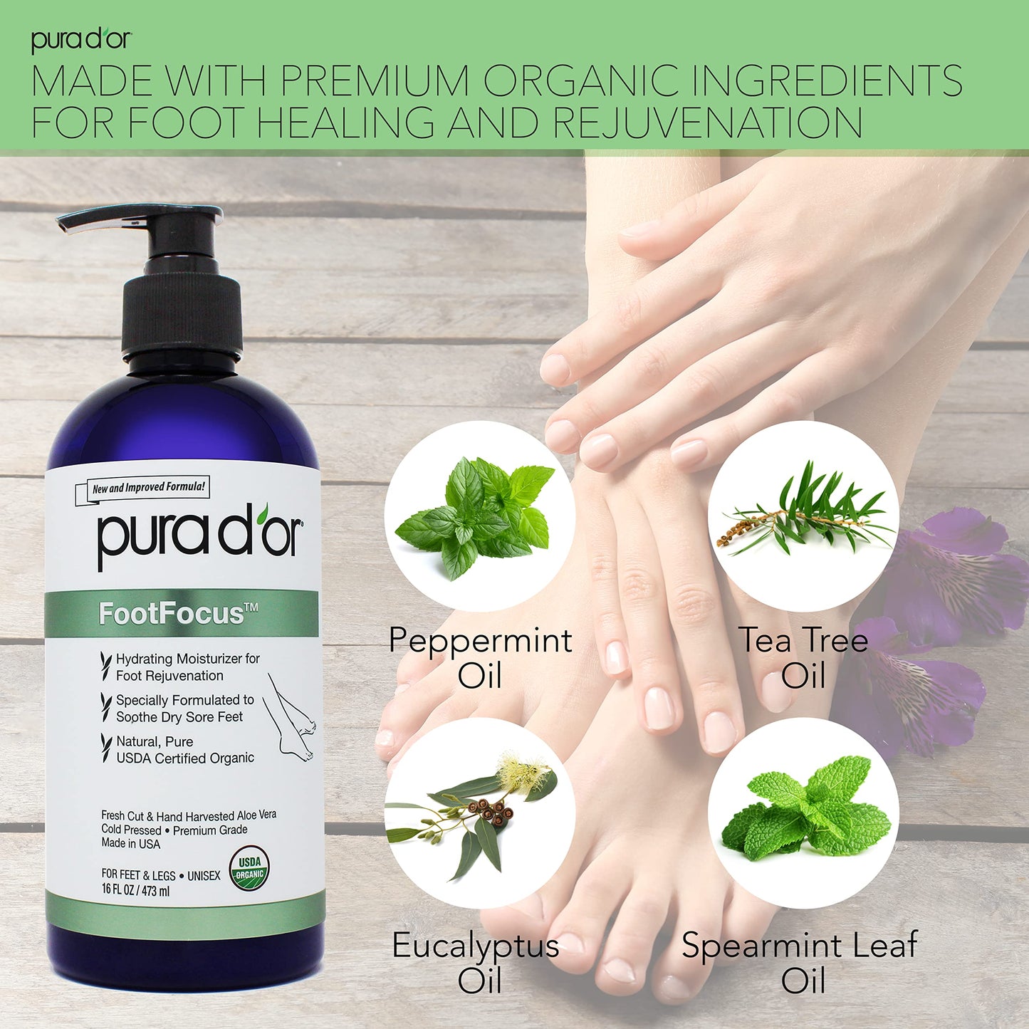 PURA D'OR 16 Oz FootFocus Organic Aloe Vera Gel For Severe Cracked Heel Repair Foot Care Products - Soothes Sore Feet Extra Strength Feet Care - Vitamin E, Peppermint, Tea Tree & Eucalyptus Oil