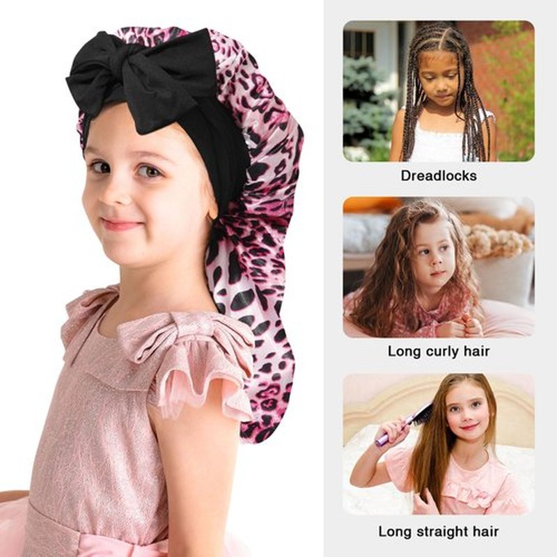 Kids Long Hair Bonnet for Sleeping - Double Layer Girls Elastic Satin Bonnet with Tie Band for Braid Curly Hair (Pink Leopard+Pink)