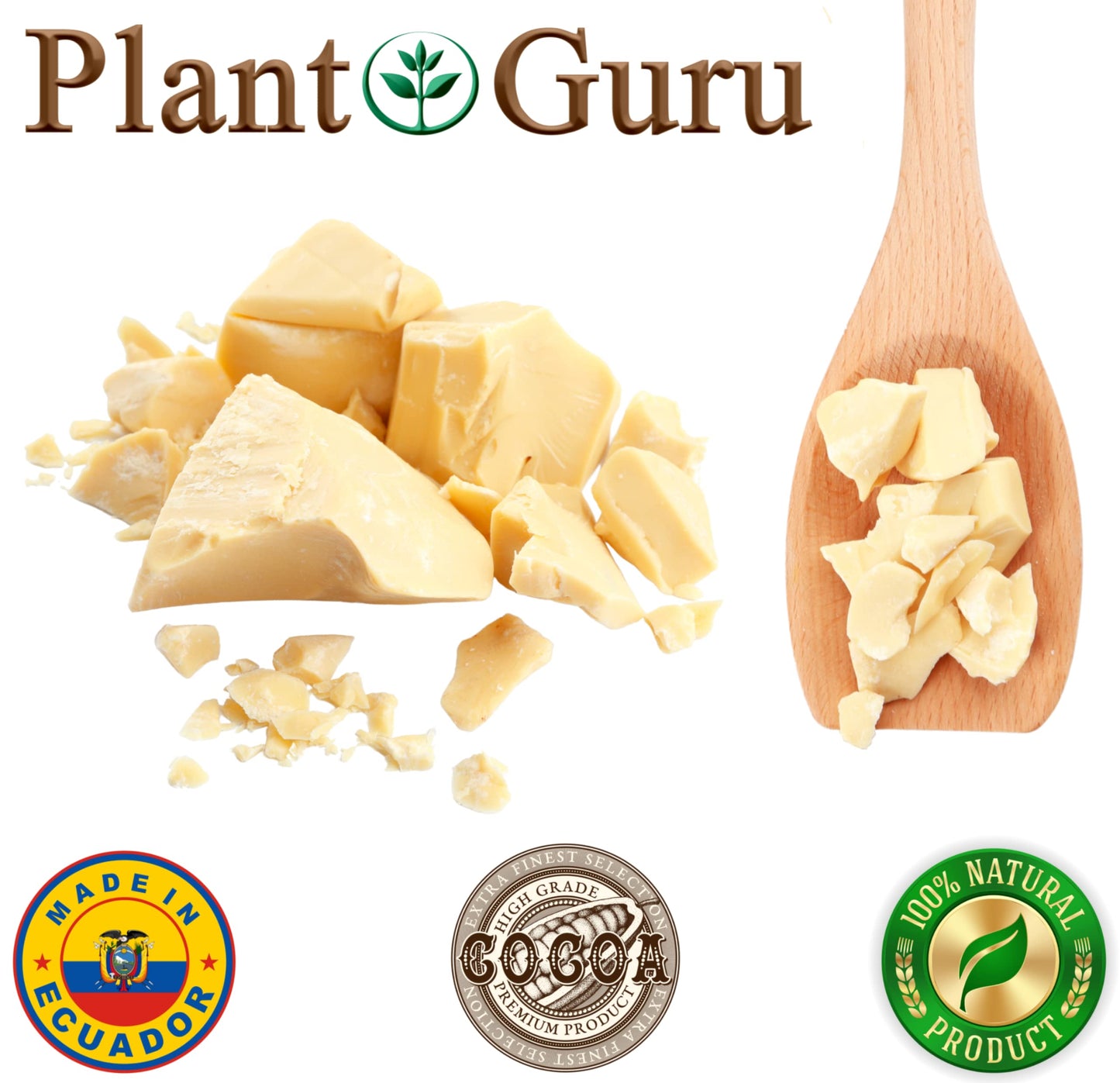 Plant Guru Raw Cocoa Butter 5 lbs. Bulk - 100% Pure Natural Unrefined FOOD GRADE Arriba Nacional Cacao Bean, Great For Chocolate Making, Soap, Lip Balm and Moisturizer For DIY Body Butters