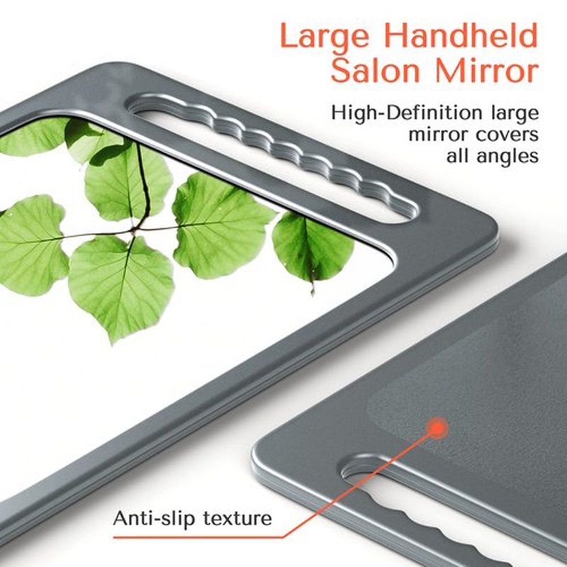 TASALON Unbreakable Hand Mirror with Double Handle- Large Handheld Barber Mirror for Hair and beauty Salon - Durable Hand Held Mirrors for barbershop - Haircut Mirror with Double Handgrip- Silver Gray
