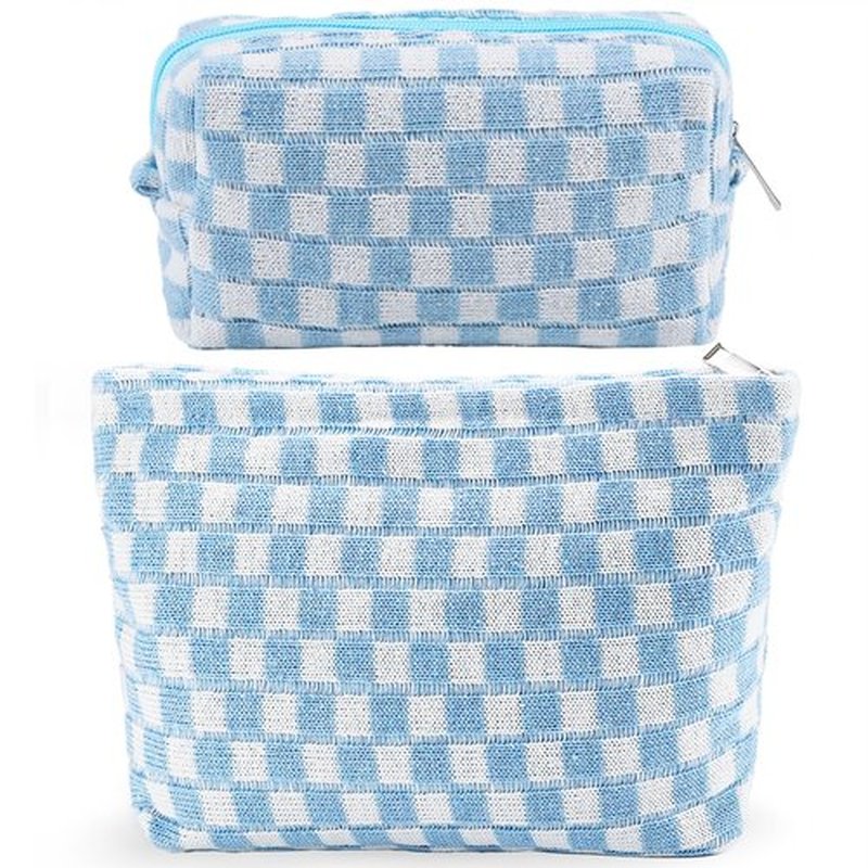 ZLFSRQ 2Pcs Checkered Makeup Bag for Women Large Cosmetic Bag Set Travel Toiletry Bag Makeup Pouch Bag for Purse Blue Zipper Storage Bag Organizer Cute Small Aesthetic Girls Car Essentials Bag