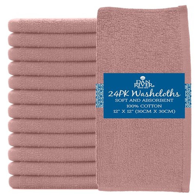 DAN RIVER 100% Cotton Washcloths 24 Pack Premium Quality Face and Body Cloth, Quick Dry Essential Towels for Bathroom, Hand, Kitchen & Cleaning, Baby Washcloths | 12X12 in | 400 GSM | Dusty Rose