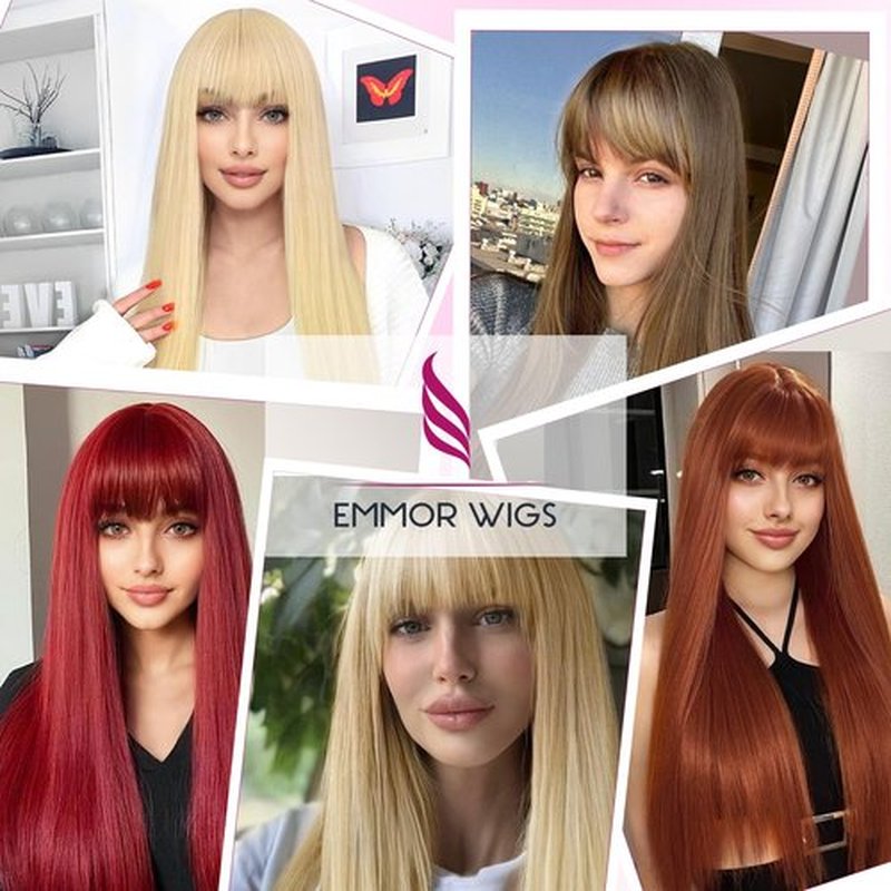 EMMOR Long Straight Yaki Wigs for Women with Bangs Comfortable Elastic Band 26 Inch Heat-resistant Synthetic Fibers(Cooper Orange)