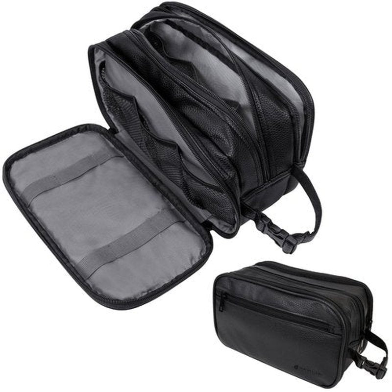 PAVILIA Toiletry Bag for Men, Travel Toiletries Bag | Water-resistant Dopp Kit, PU Leather Shaving Pouch Organizer for Accessories, Cosmetic, Hygiene, Grooming Essentials (Black)