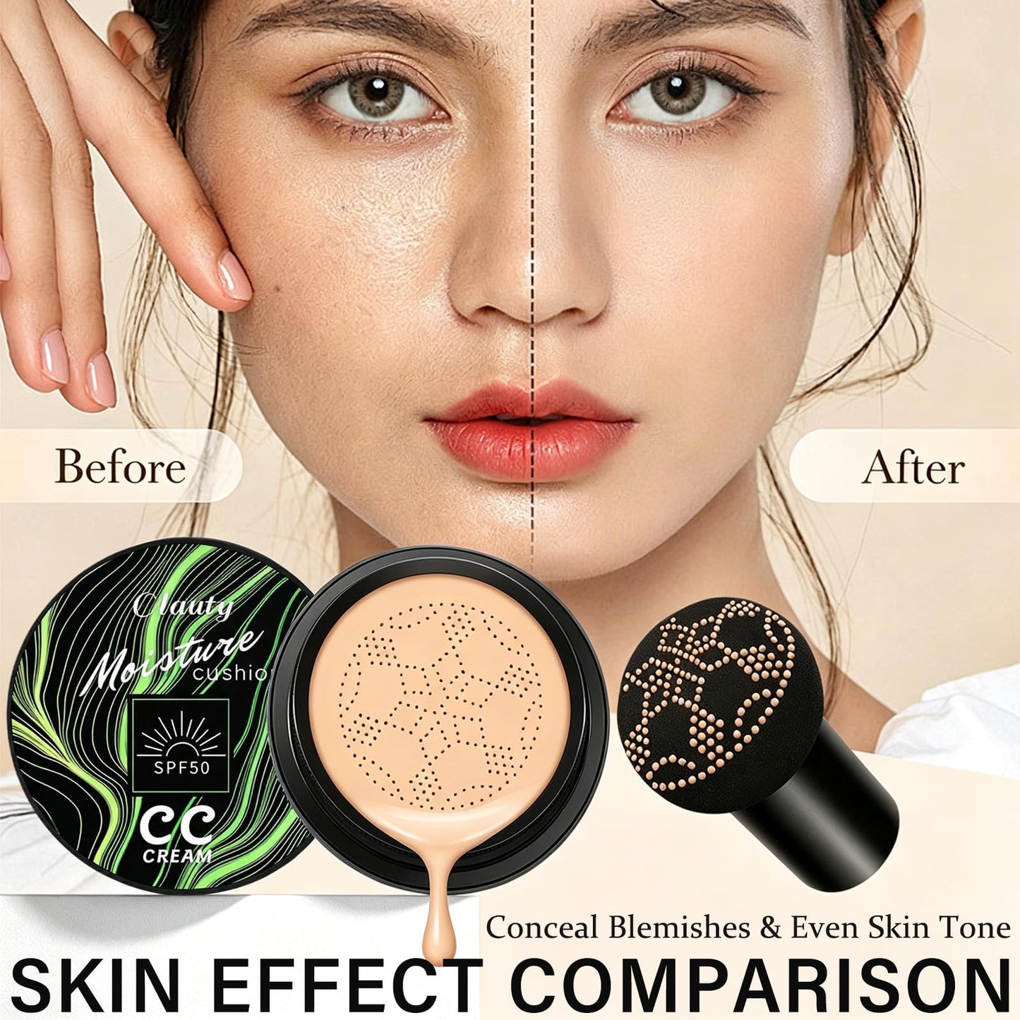 Cushion Foundation Air Cushion CC Cream - Natural Finish, Buildable Coverage Foundation, Even Skin Tone, Tattoo cover up, Moisturizing Concealer Cream Foundation Makeup (Buff Beige)