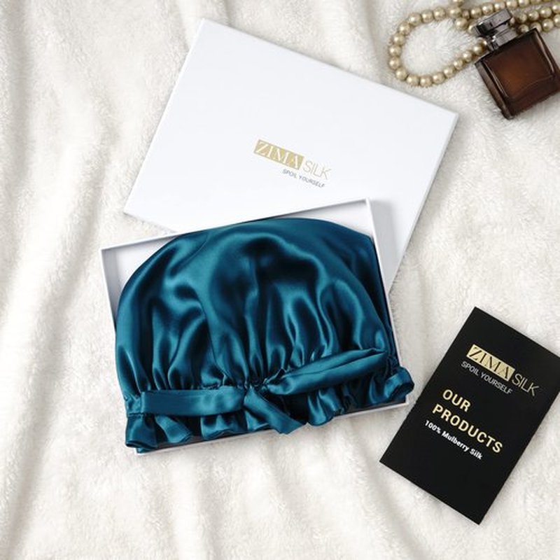 ZIMASILK 100% Mulberry Silk Bonnet for Women Hair Care, Double-Layer Silk, Natural Silk Hair Wrap for Sleeping with Elastic Stay On Head (1Pc, BPeacock Blue)