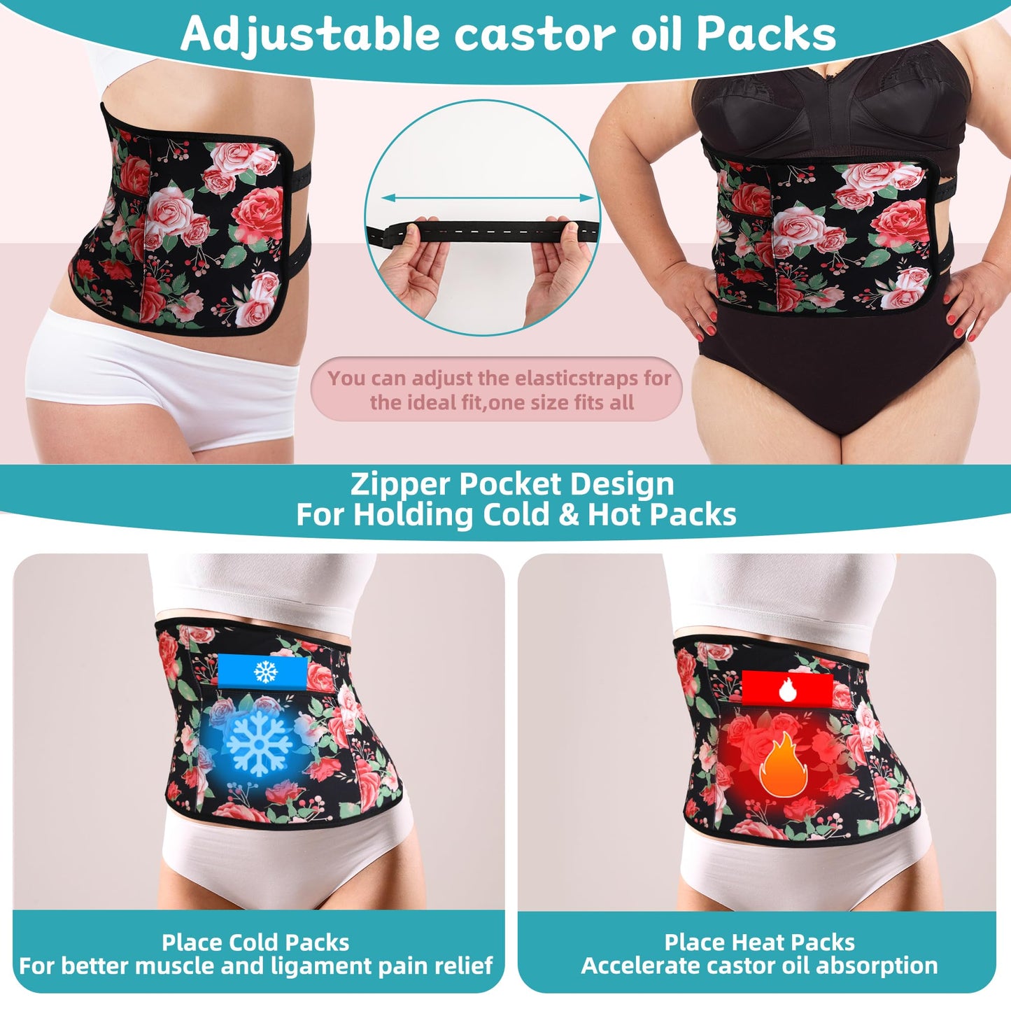 Castor Oil Pack Wrap Organic Cotton for Stomach Neck Belly Chest Knee Feet, 9 Pcs Adjustable Elastic Straps Castor Oil Wrap, Reusable Caster Oil Packs with Laundry Bag, Machine Washable Anti Oil Leak