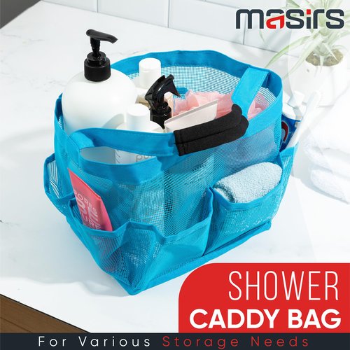 Masirs Mesh Shower Caddy Bag - Collapsible, Portable Bathroom Organizer for Travel, Gym, and Dorm Use. Easily Carry and Organize College Dorm, Bathroom Toiletry Essentials. (Blue)