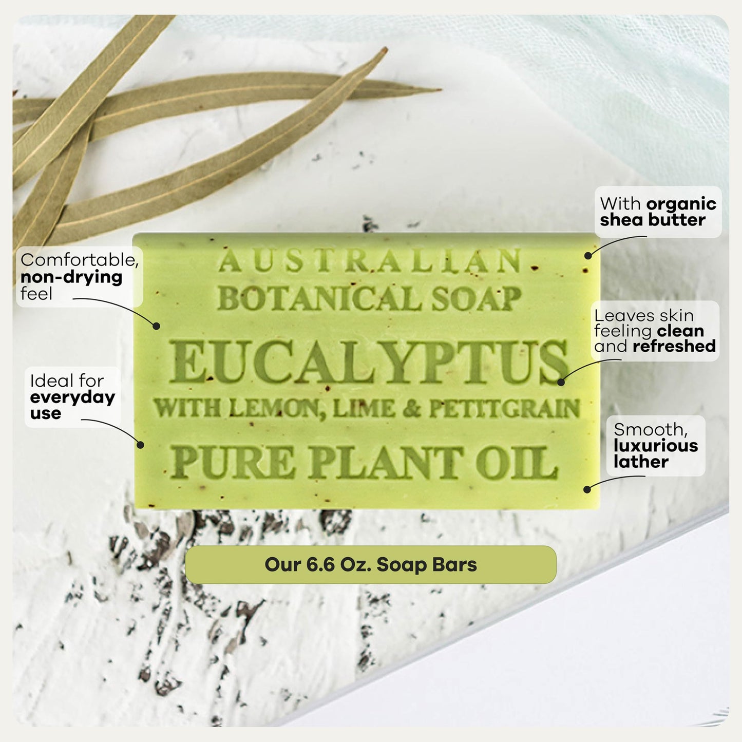 Australian Botanical Soap Eucalyptus with Lemon Lime and Petitgrain 6.6 oz Triple Milled Luxury Soap Bar Enriched with Shea Butter and Natural Oils, Pack of 1
