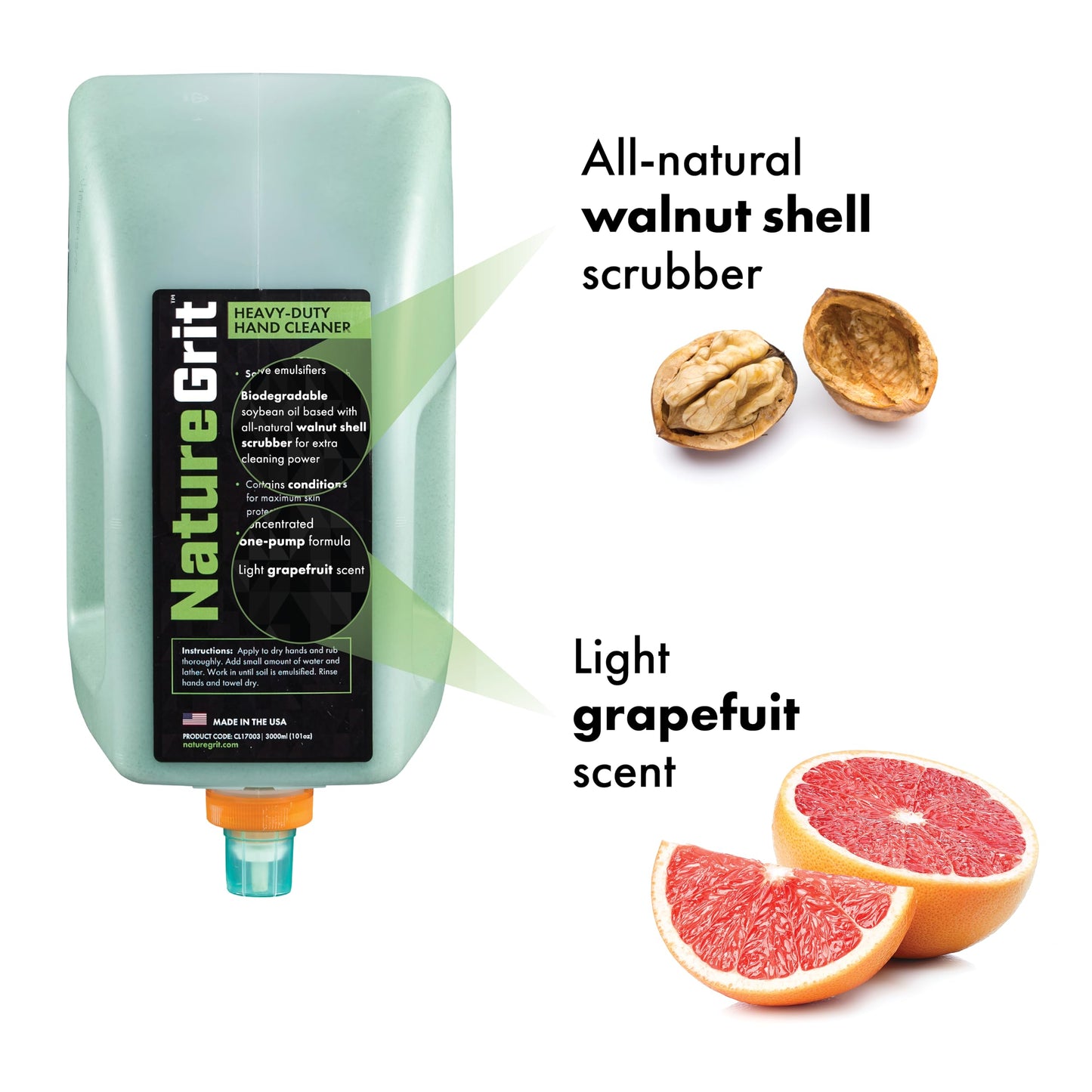 NatureGrit – Heavy Duty Industrial Hand Soap Cleaner Refill – Walnut Shell Conditioners for Skin Protection for Auto Mechanics, Manufacturing, and Anyone with Working Hands - 3-liter (Case of 3)
