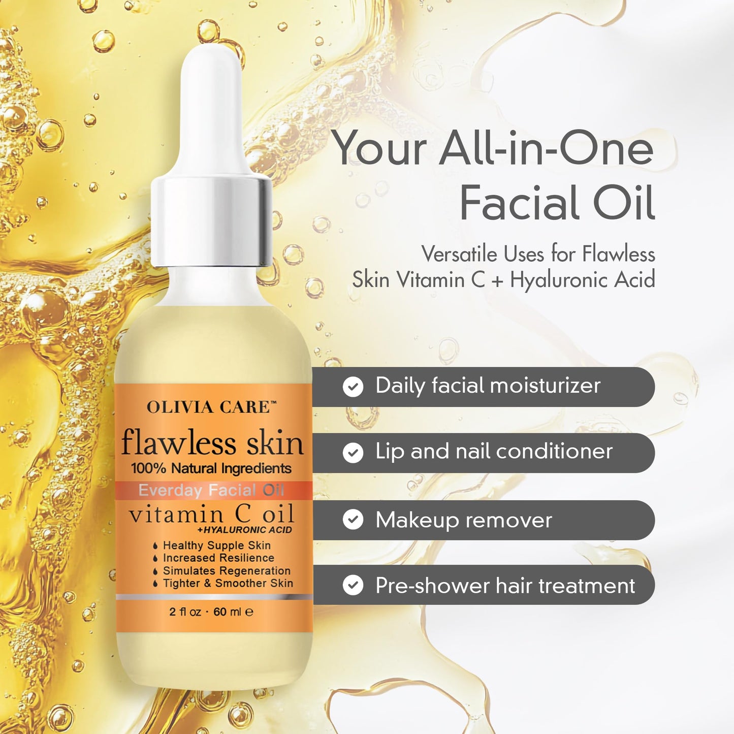 Olivia Care Vitamin C + Hyaluronic Acid Flawless Essential Facial Oil 100% Natural, Reviving, Hydrating, Calming & Soothing, Stabilize & Retain Moisture, 2 fl oz