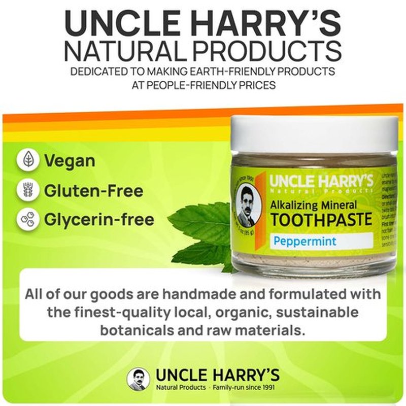 Uncle Harry's Peppermint Remineralizing Toothpaste | Natural Whitening Toothpaste Freshens Breath & Promotes Enamel | Vegan Fluoride Free Toothpaste (2 Pack)