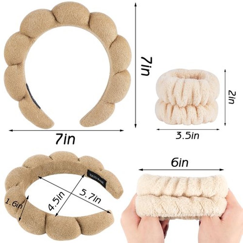 Zkptops Spa Headband for Washing Face Wristband Set Sponge Makeup Skincare Terry Cloth Bubble Soft Get Ready Hairband for Women Girl Puffy Padded Headwear Non Slip Thick Hair Accessory(Brown)