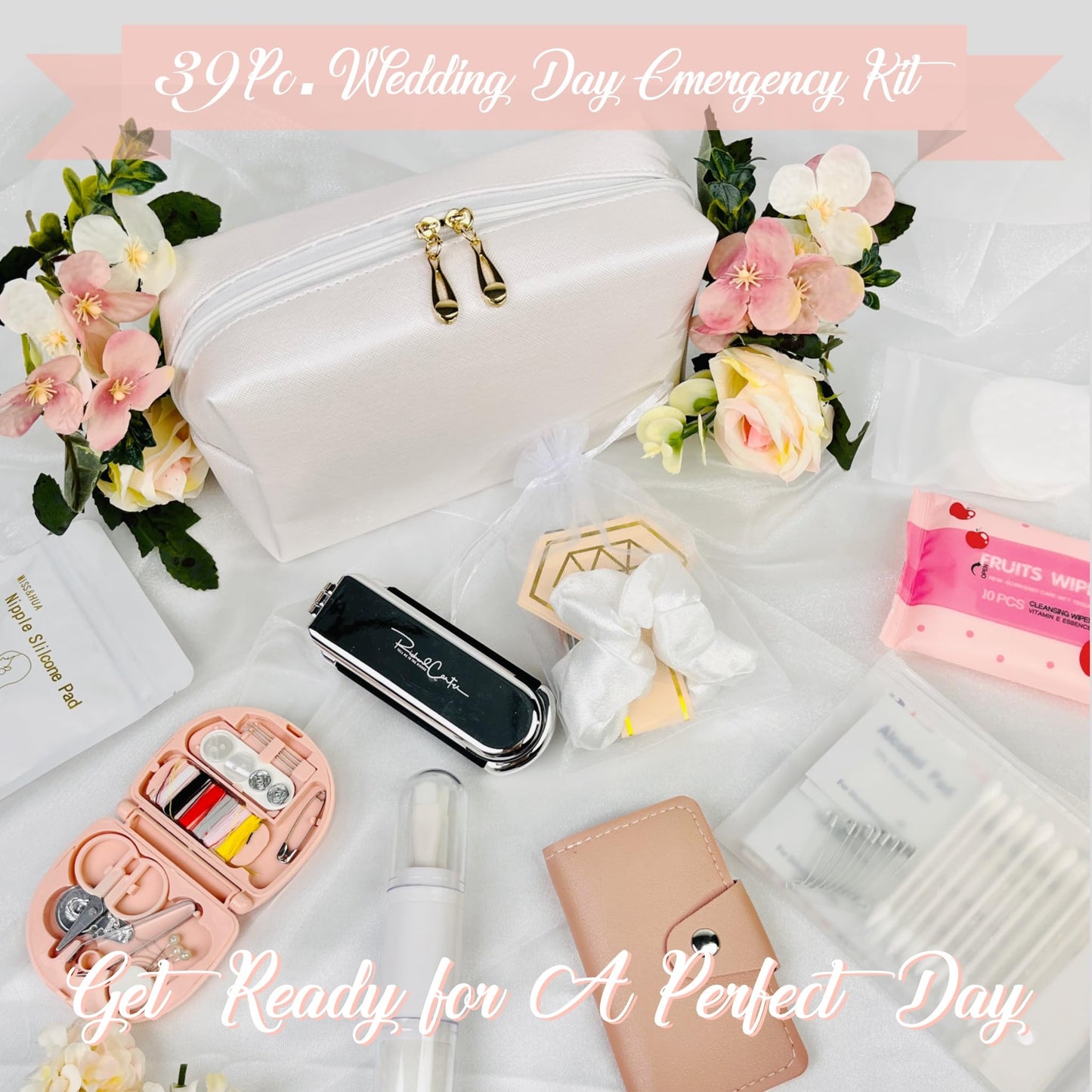 ARK Survivor Women's Wedding Emergency Kit 39 Essential Items for Brides Team Bride All in One Travel Kit Personal Care Women's Travel Set (Glam White)