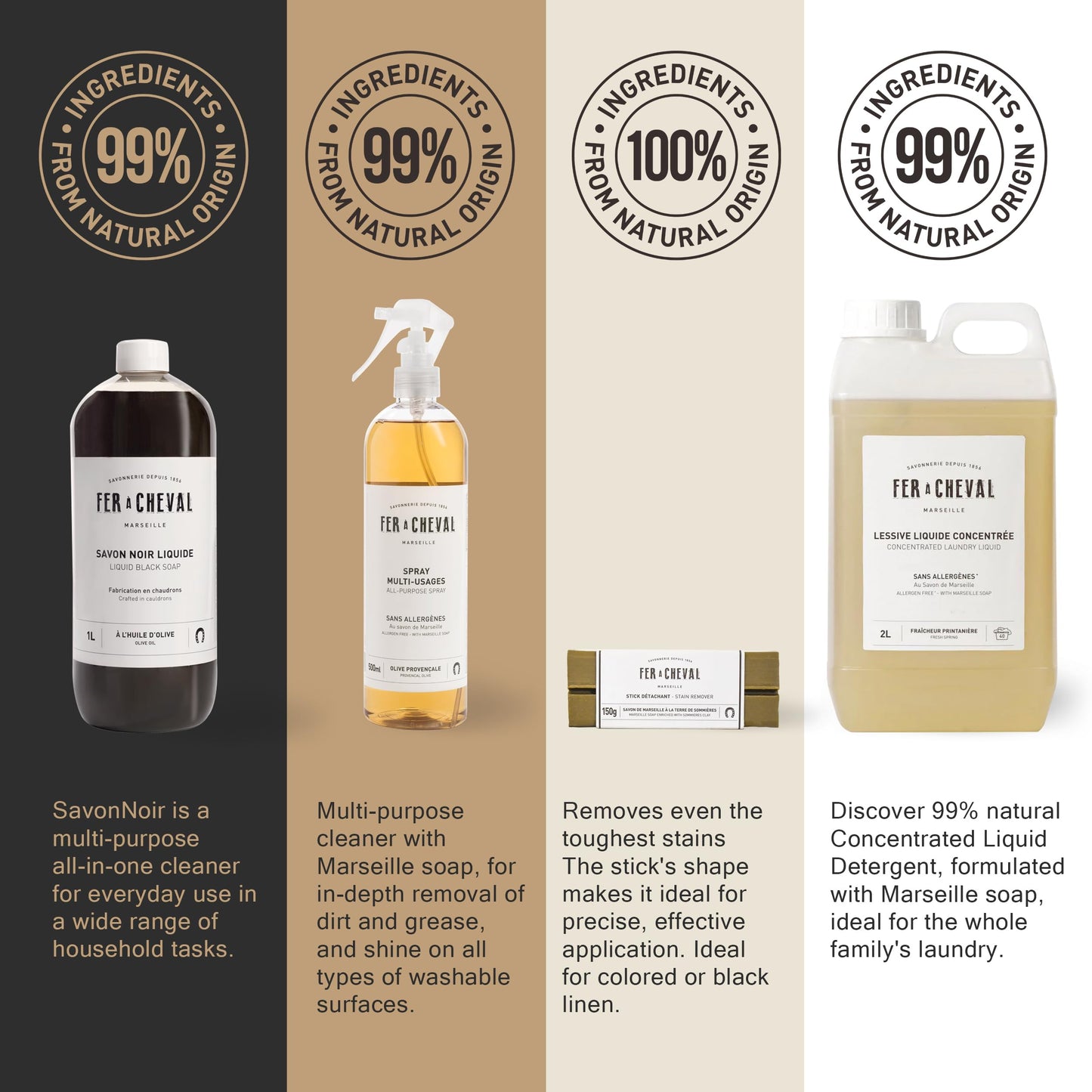 Fer à Cheval Bundles - Liquid Black Soap, Concentrated Laundry Liquid 2L/67.6oz, All-Purpose Spray Cleaner 500ml/16.9 fl oz, Stain Remover Stick with Sommières Clay