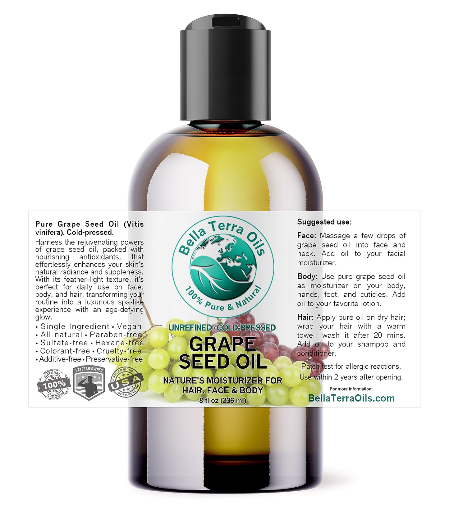 Bella Terra Oils - Natural Grape Seed Oil 8 oz - Dive into Natural Grape's Nutritional Power, Packed with Antioxidants & Omega-6, Elevate Your Skin Care Essence