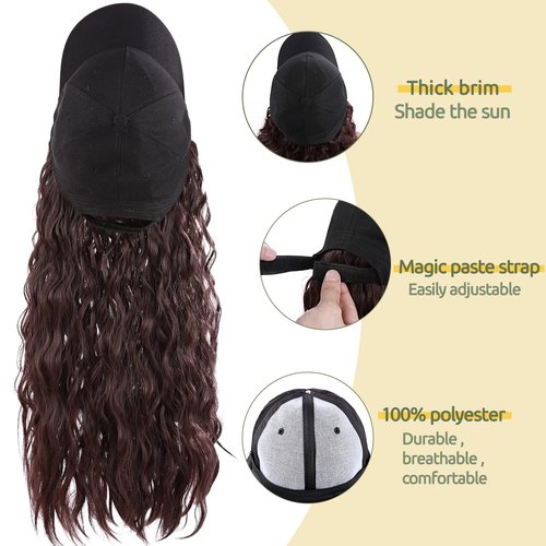 S-noilite 18" Baseball Cap Hats with Hair Attached Corn Wave Baseball Cap Wig with Hair Extension Adjustable Baseball Hat Wig for Women(18”-Corn Wave, Wine Red)