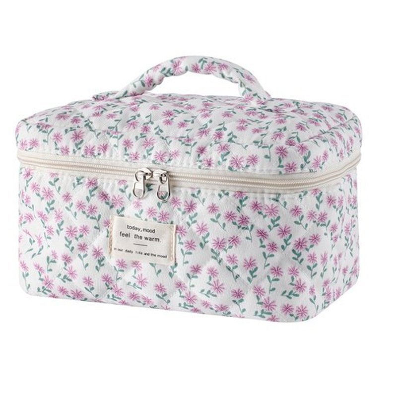 uekeboag Large Travel Quilted Makeup Bag for Women, Floral Cotton Cosmetic Bag, Coquette Aesthetic Floral Toiletry Organizer Bag(Little Purple Flower