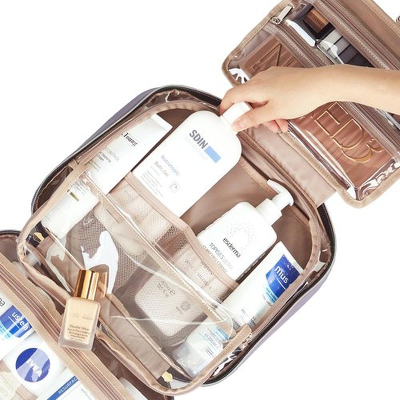 NISHEL Travel Toiletry Bag for women, Portable Hanging Organizer for Full-Sized Shampoo, Conditioner, Brushes Set, Makeup Accessories, Large Size, Purple