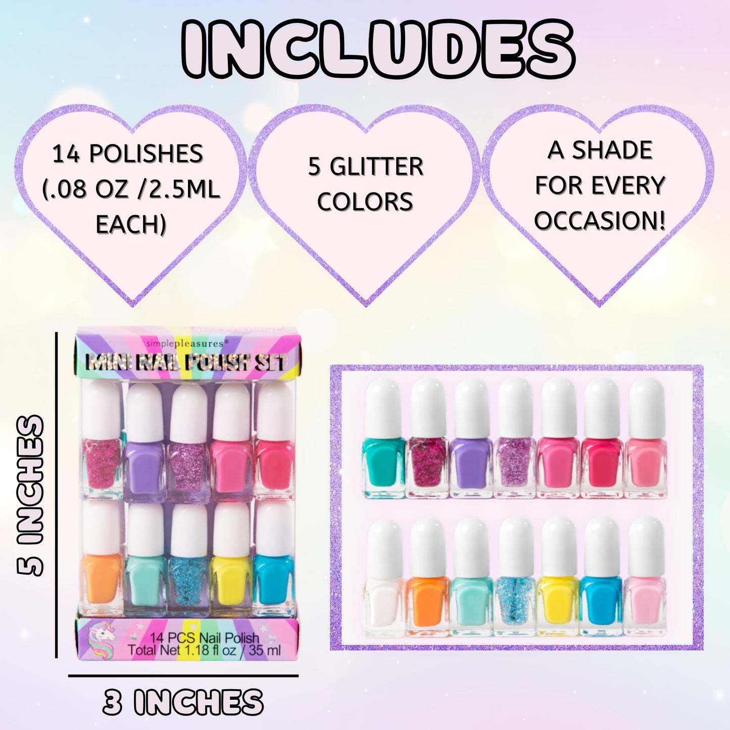 SIMPLE PLEASURES Rainbow Glitter Kids Nail Polish Set for Girls – 14 Water-Based Non -Toxic Nail Art Kit - Gift Set for Ages 7-12