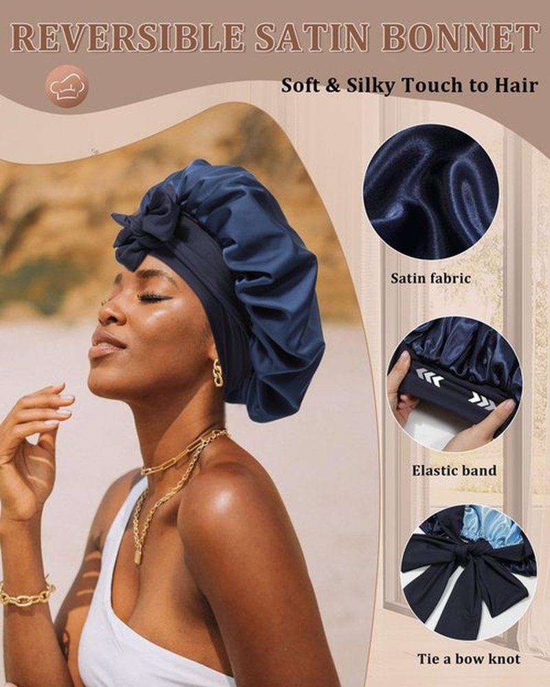Reversible Satin Bonnet for Sleeping Women Silk Bonnet Double Layer Hair Bonnet with 2PCS Hair Scrunchies Elastic Tie Band Night Cap Hair Wrap for Natural Curly Hair (Navy Blue + Light Blue)
