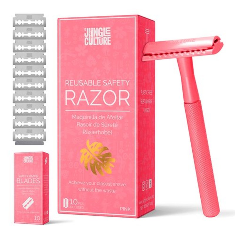 JUNGLE CULTURE Hot Pink Safety Razor for Women & Men • Reusable Razor with 10 Double Edge Razor Blades • One Blade Razors for Women for Body & Face • Metal Razors • US/UK Company