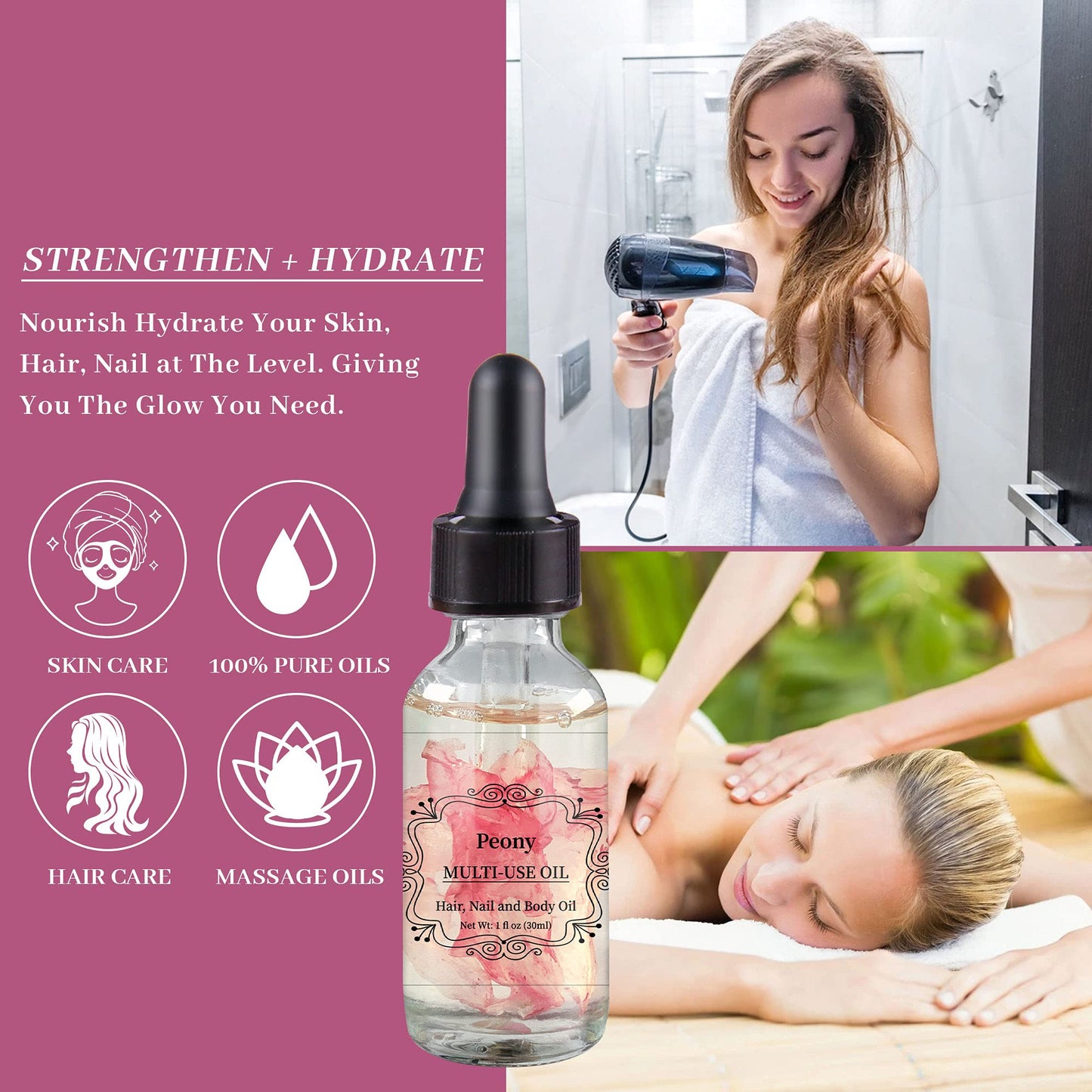 NP NATURES PHILOSOPHY Peony Multi-Use Oil for Face, Body and Hair - Plant Fragrant Essential Oil for Dry Skin, Scalp and Nails - 1 Fl Oz