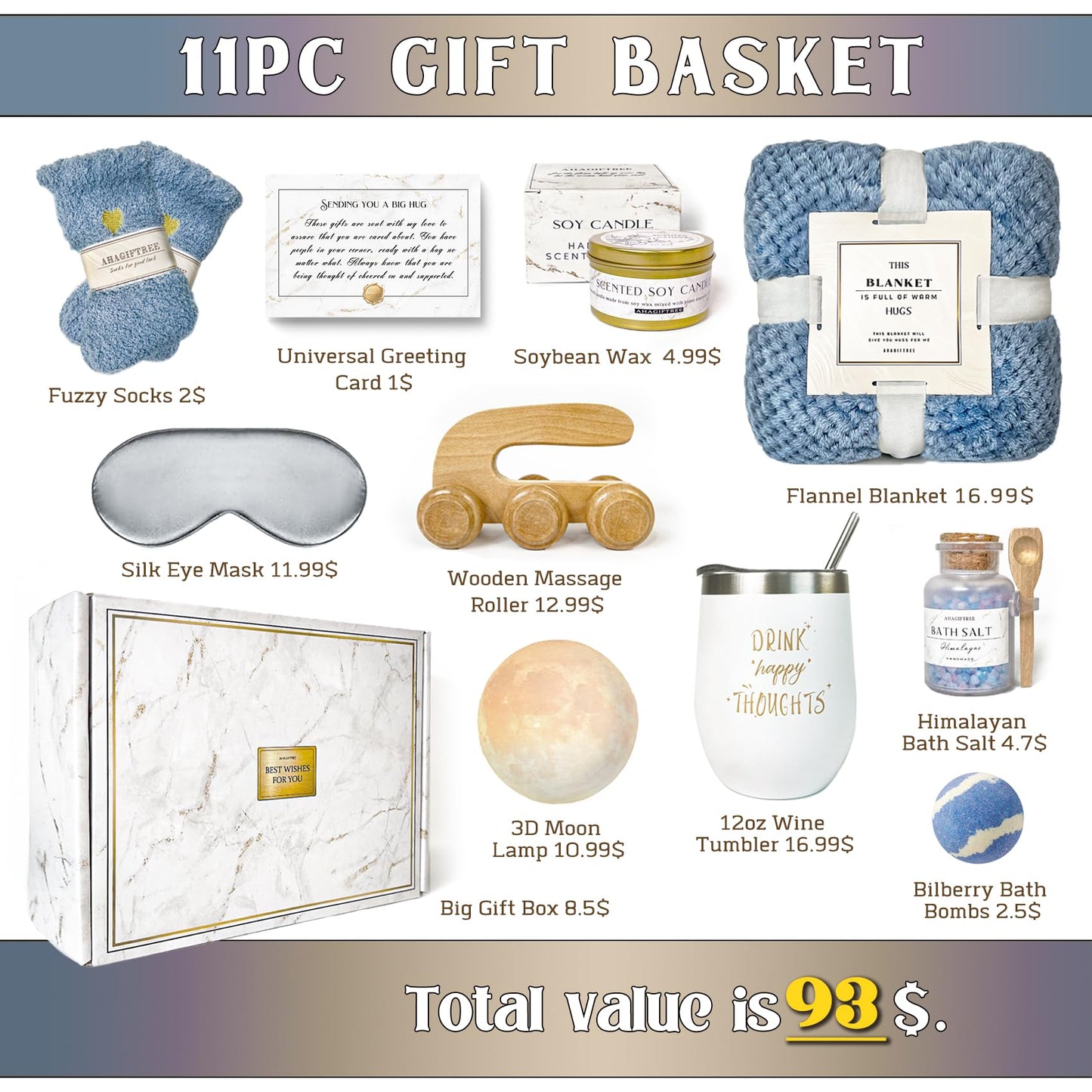 AHAGIFTREE Gift Baskets for Women,11PC Care Package,Think of You, surgery recovery gifts for women,Get Well Soon After Surgery,Birthday Gifts,Thank You,Sympathy Gift Baskets
