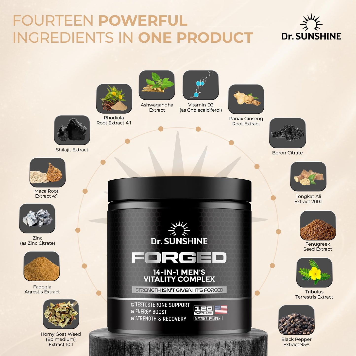 DR. SUNSHINE Forged Testosterone Supplement for Men –14 in 1 Natural Male Strength with Shilajit, Ashwagandha,Tongkat Ali-Muscle Builder Testosterone Booster for Mens-2 Month (120 Capsules)