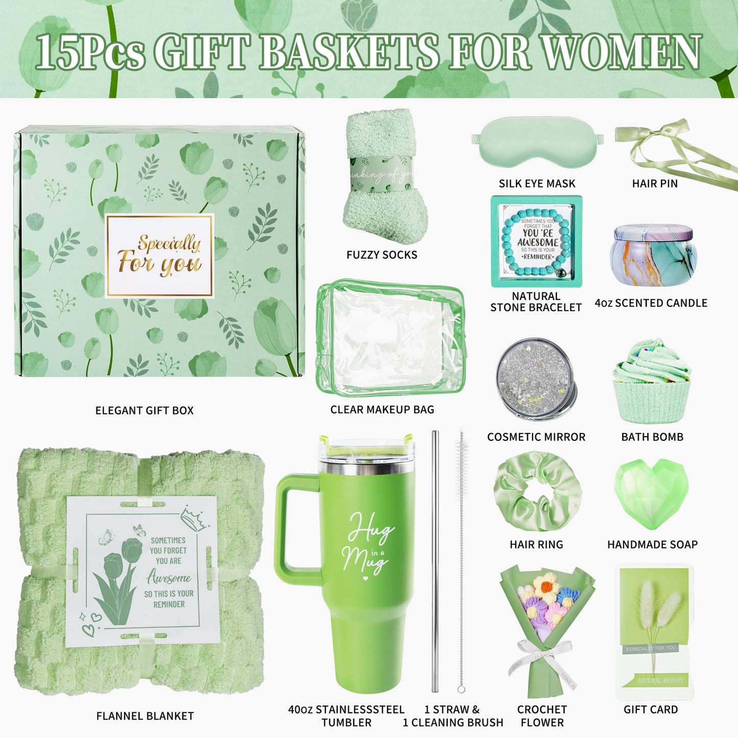 Aollewoiti 15 Pcs Get Well Soon Gift Baskets for Women, Mother's Day & Birthday Gifts for Mom, Wife, Friend, Care Package with Soft Blanket & Insulated Tumbler, Green