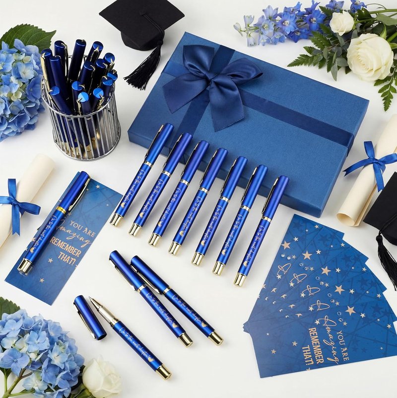 Graduation Pen Gift Set - 90 Pcs Class of 2026 Party Favors | 30 Ballpoint Pens, Inspirational Cards & Bags - Blue