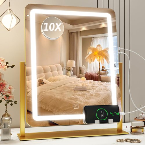 ROLOVE Vanity Mirror with Lights, 22"x18" LED Makeup Mirror with 10X Magnification and USB Charging Port, Smart Touch 3 Colors Dimmable, Light Up Mirror for Makeup Desk, 360° Rotation, Gold