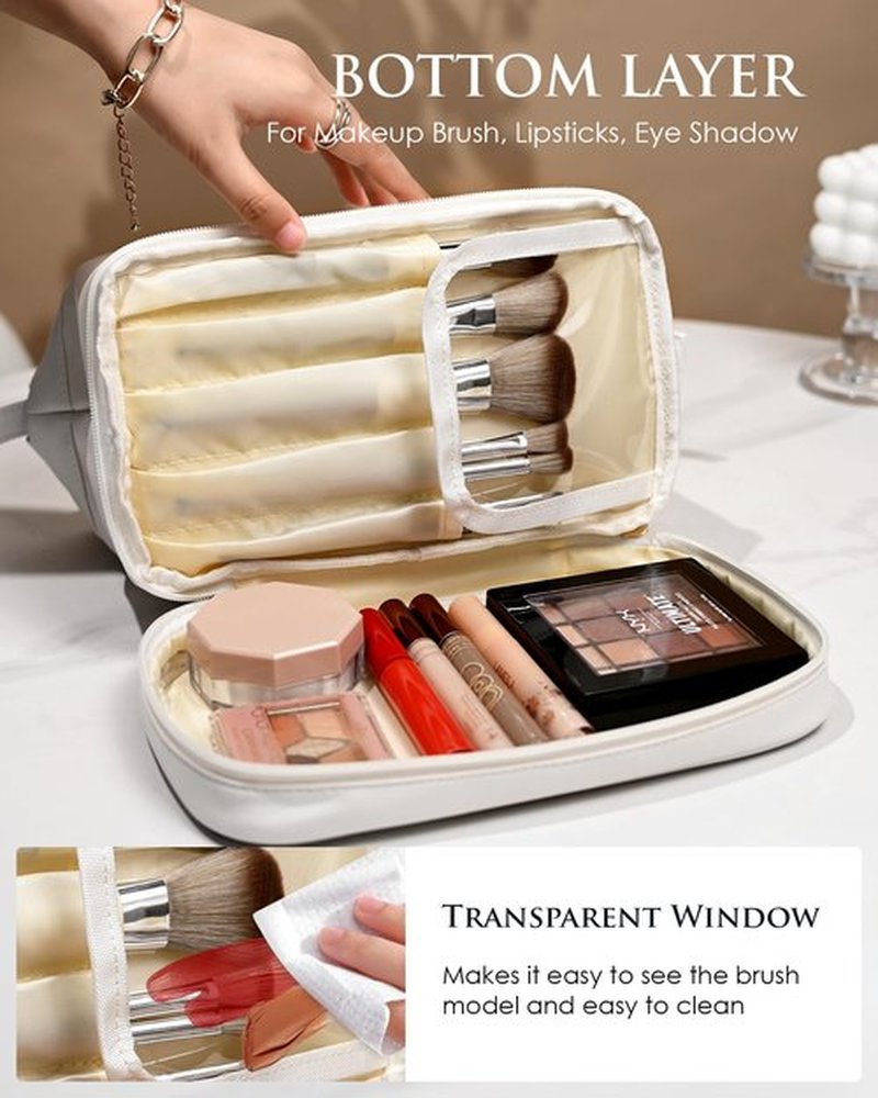 Vogewood Initial Makeup Bag, Daughter Gifts, Personalized Double Layer Cosmetic Bag with Makeup Brush Organizer, Waterproof, Large Capacity PU Leather Travel Toiletry Bag Cute Things for Girls