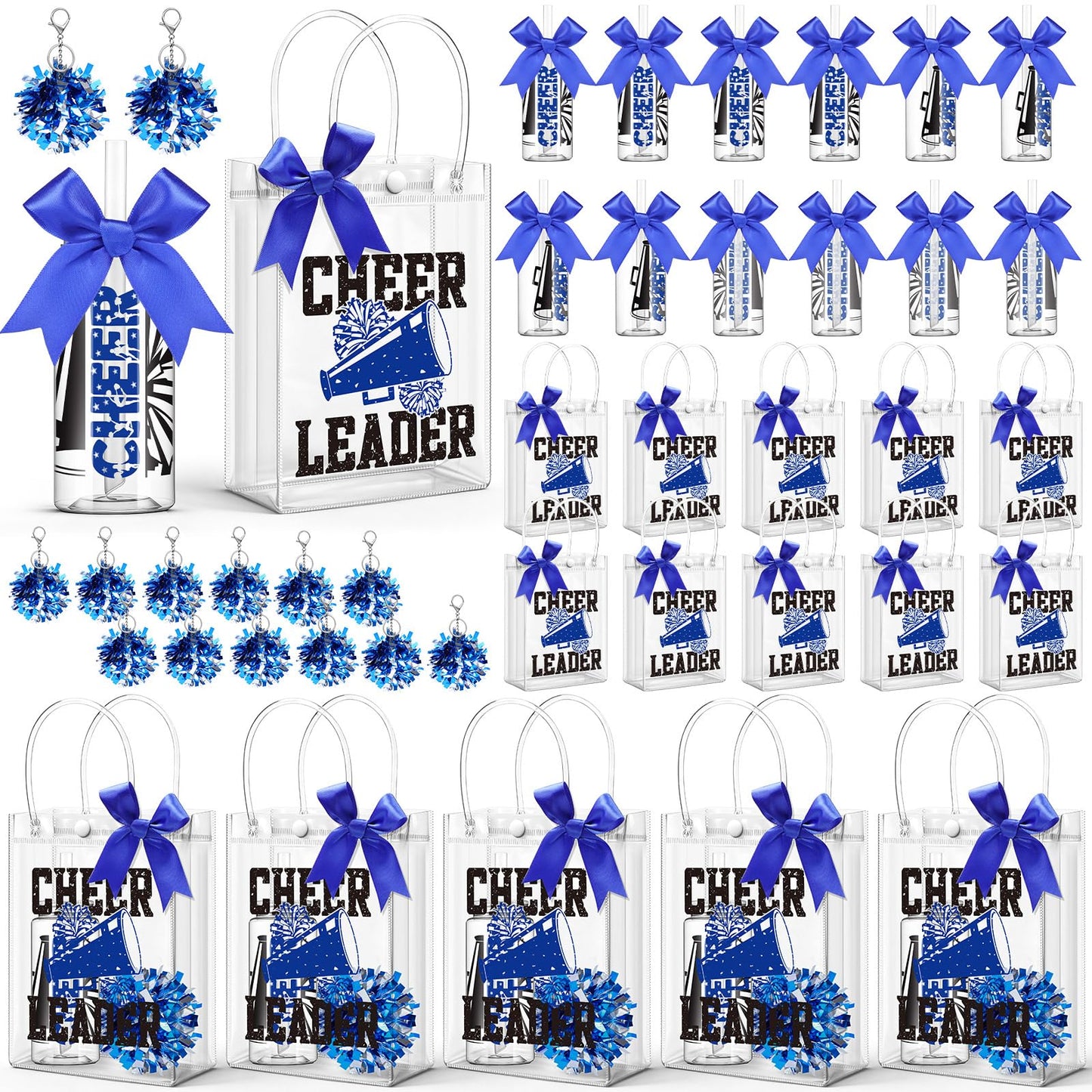 LemonRoad 36 Pcs Cheerleader Gift Bulk for Team Cheer Tumbler Cups Pom Pom Keychain Bags Bow Cheer Water Bottles with Lid and Straw for Cheerleader Women Girl Sport Party Favor Senior Night(Blue)