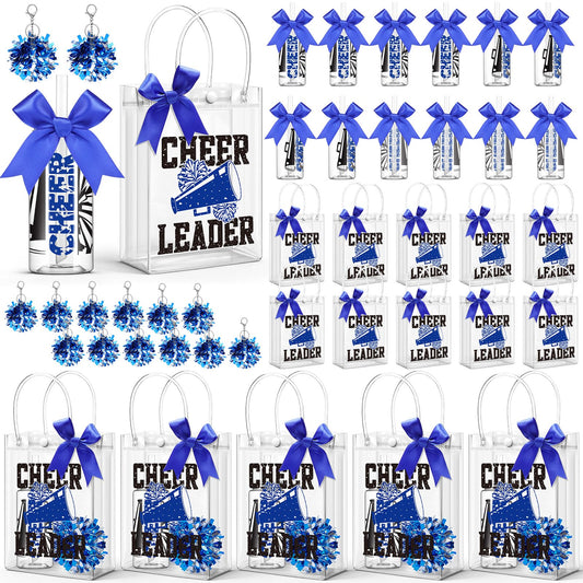 LemonRoad 36 Pcs Cheerleader Gift Bulk for Team Cheer Tumbler Cups Pom Pom Keychain Bags Bow Cheer Water Bottles with Lid and Straw for Cheerleader Women Girl Sport Party Favor Senior Night(Blue)
