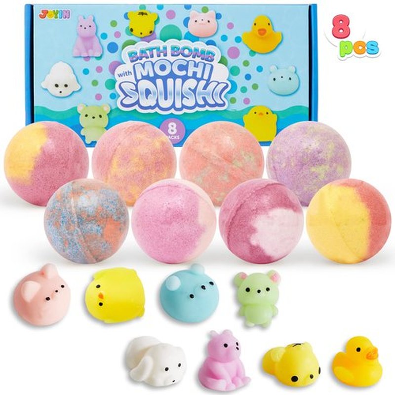 JOYIN 8 Pack Big Bath Bombs for Kids with Mochi Squishy Toy, Surprise Toy Inside, Natural Essential Oil SPA Bath Fizzies Set, Kids Safe Party Favors for Boys and Girls