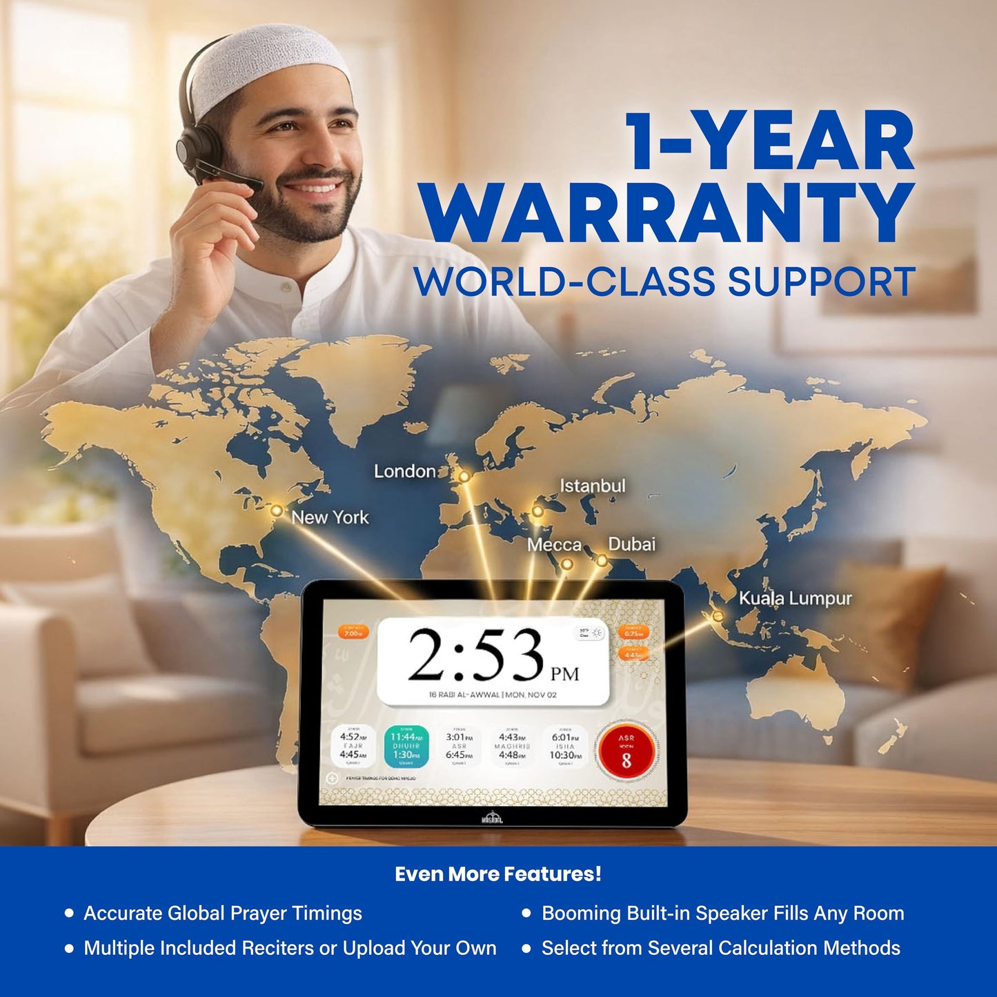 Masjidal 10" Smart WiFi Digital Azan Clock & Islamic Prayer Frame – Automatic Worldwide Prayer & Iqamah Times, Full Quran Player, Athan Alarm, Ramadan Clock, Touchscreen Muslim Home Display, Black