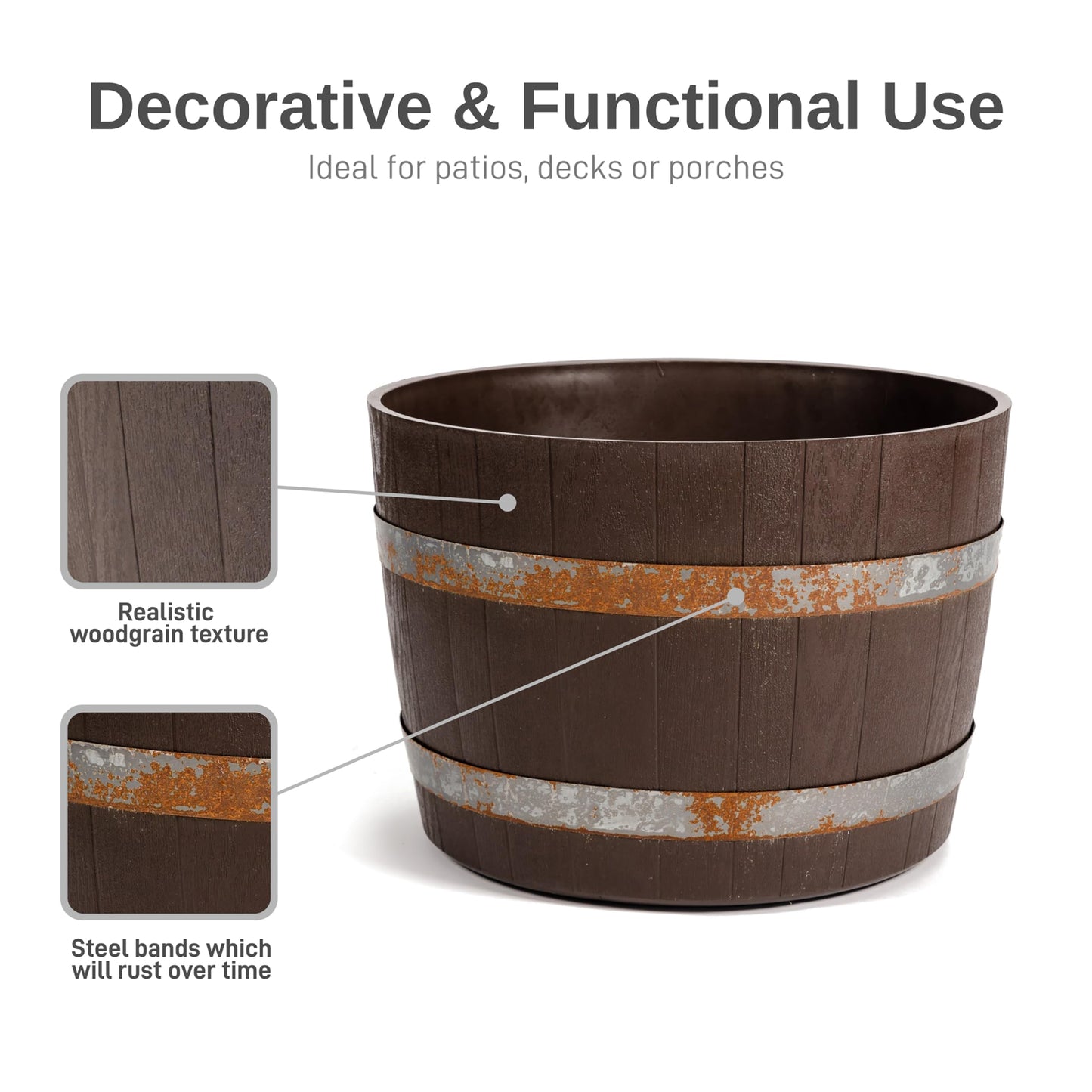 RTS Home Accents Better Barrel 2-Pack, 18-Inch Outdoor Planter, Walnut – Rustic Whiskey Barrel Style Heavy-Duty Resin Pot with Rusting Steel Bands for Patio, Porch & Garden