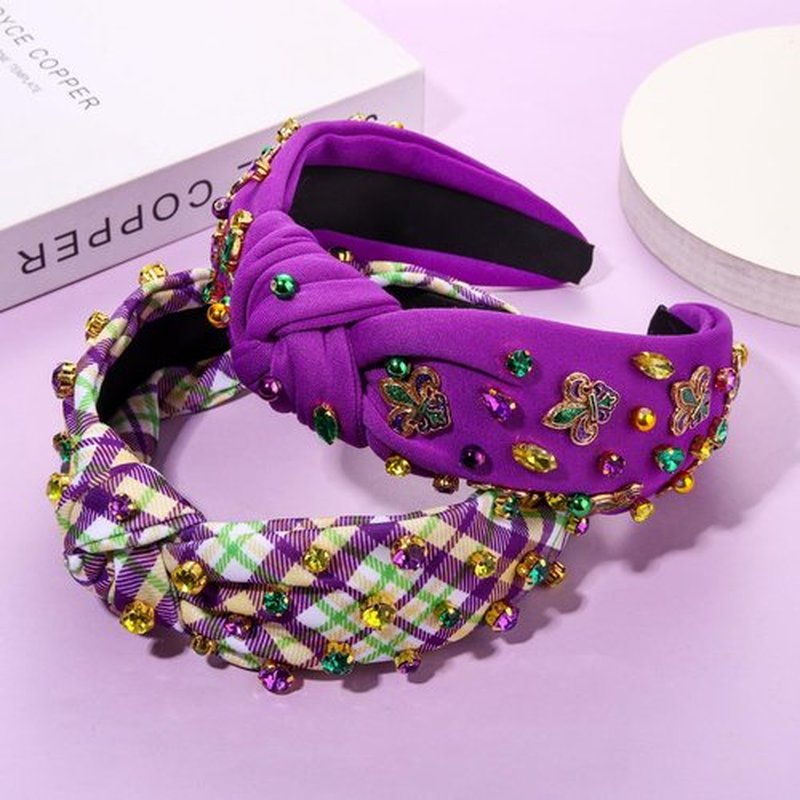 CEALXHENY 2PCS Mardi Gras Headband for Women Fleur De Lis Mask Headband Purple Jeweled Rhinestone Pearl Top Knot Headband Carnival Mardi Gras Accessories Outfits Parade Party Favors Gifts