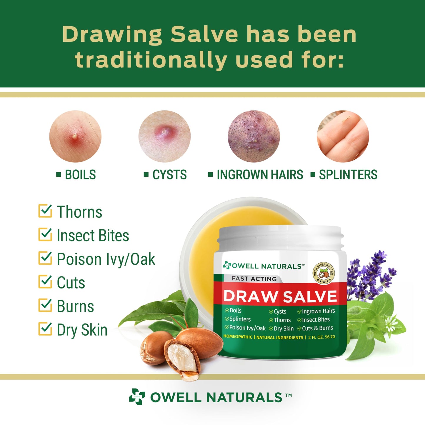 Owell Naturals Drawing Salve Ointment with Pure Shea Butter, for ingrown Hair, Boil, Splinter Remover, Bug Spider Bites, Bee Sting, Mosquito Itch, Poison Ivy, Burns & Cuts, 2oz