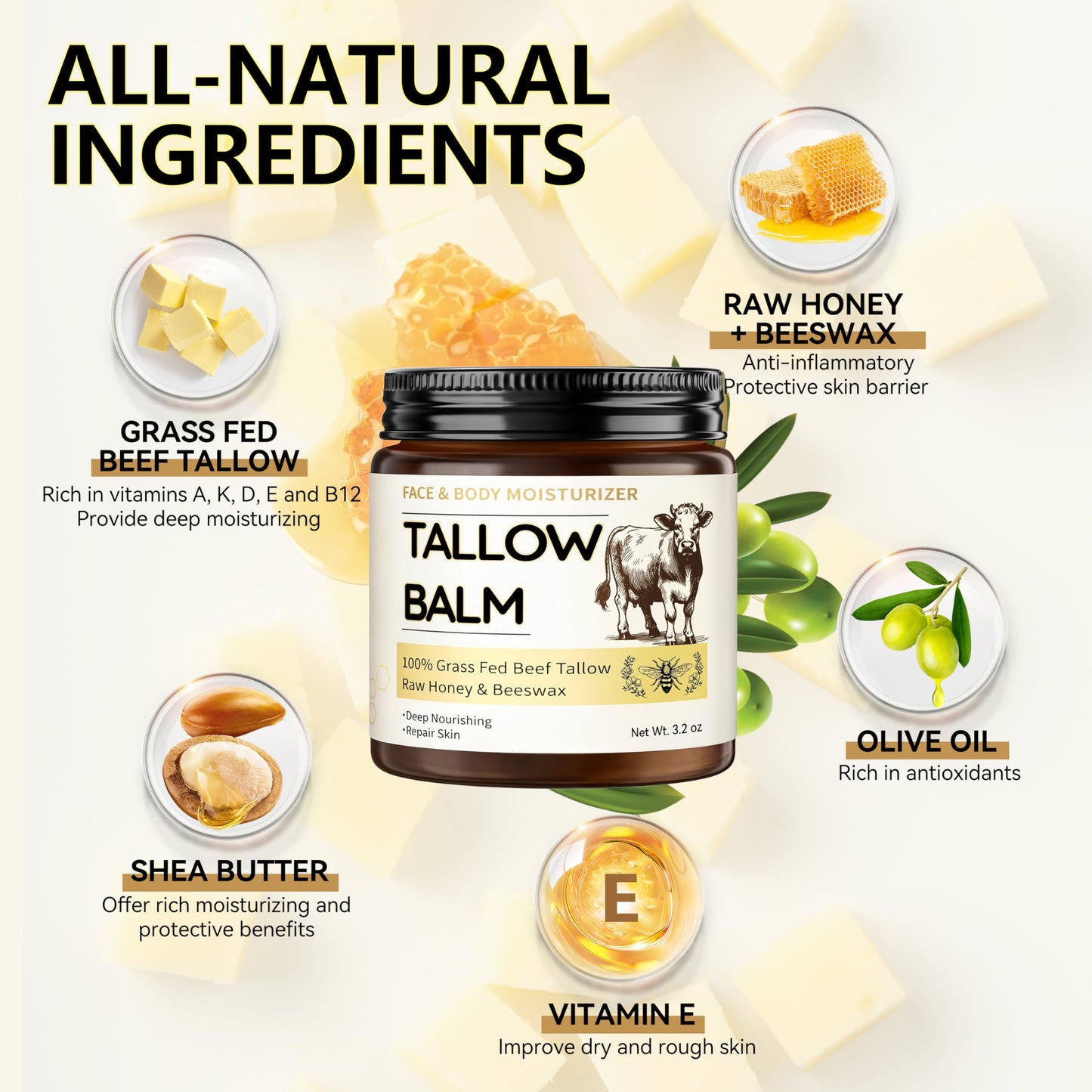 Veakoo Beef Tallow for Skin, 2 Pcs Grass Fed Tallow and Honey Balm, Organic Tallow Face Moisturizer, Natural Moisturizing Cream for Women Men, Body Butter, Nourish and Soothe Dry Skin