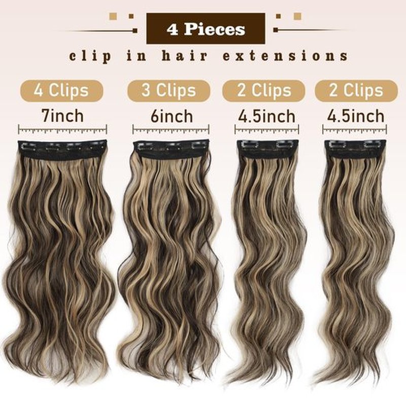 QGZ Clip in Hair Extensions for Women 4 PCS Set of Thick, Synthetic Long Wavy Hairpieces 20 Inch Dark Brown Mixed Blonde